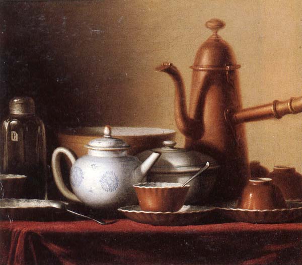 Still life of a chocolate pot,teapot,sucrier,bowl,teajar,tea cups and saucers,and silver spoons,all upon a draped table top